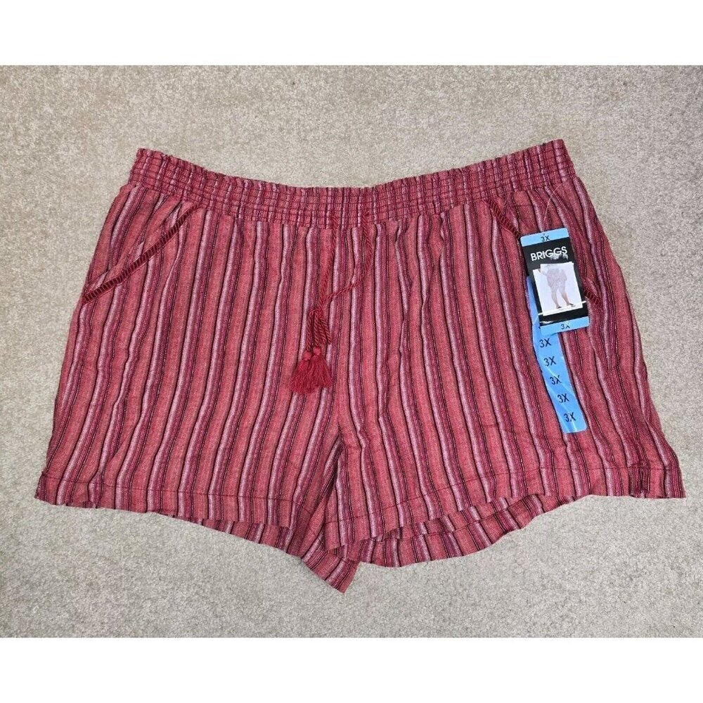 NEW BRIGGS Women's 3X Red Striped Linen Blend Boho Shorts Pockets Drawstring